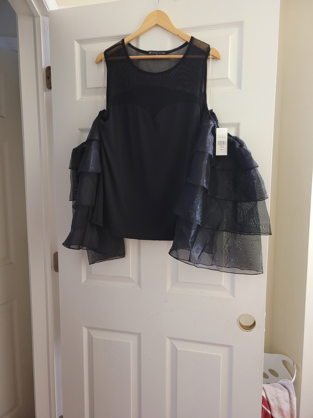 Black Sheer Cold-Shoulder Ruffle Top